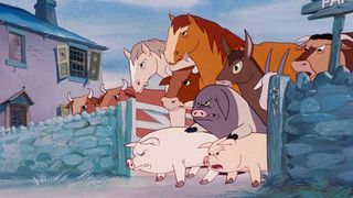 Cartoons of the 1950s - best animations of the 50s; A cartoon scene depicts various farm animals, including horses, cows, pigs, and a donkey, positioned in front of a stone wall and a house.