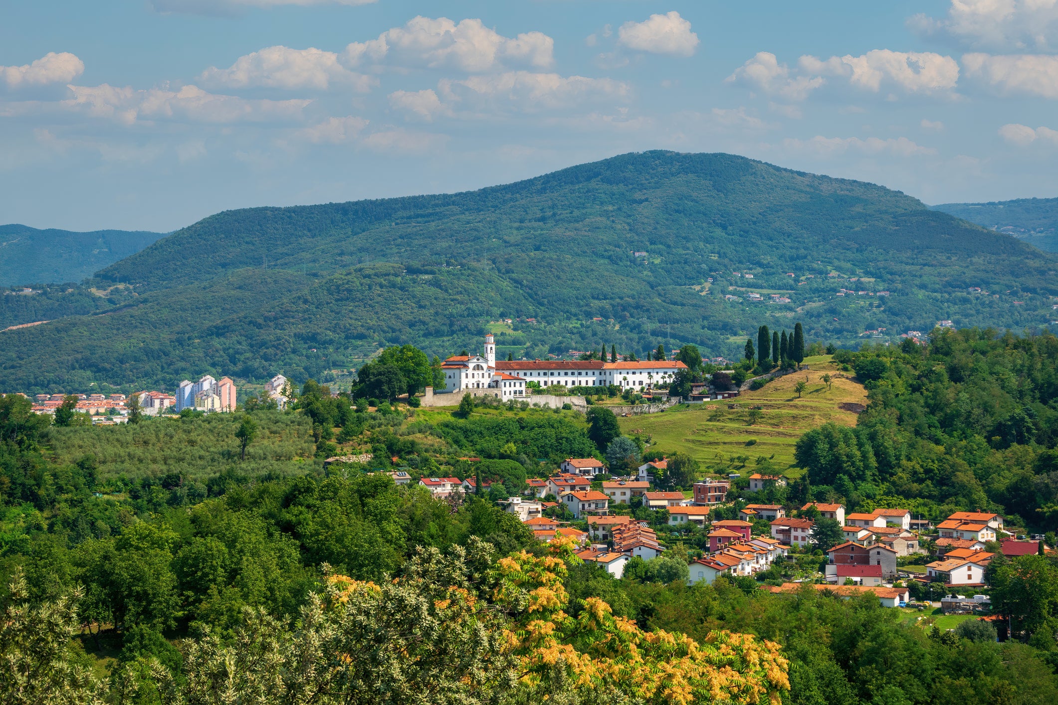 The view Kostanjevica Monastery as seen from the Gorizia medieval castle on the other side of the border